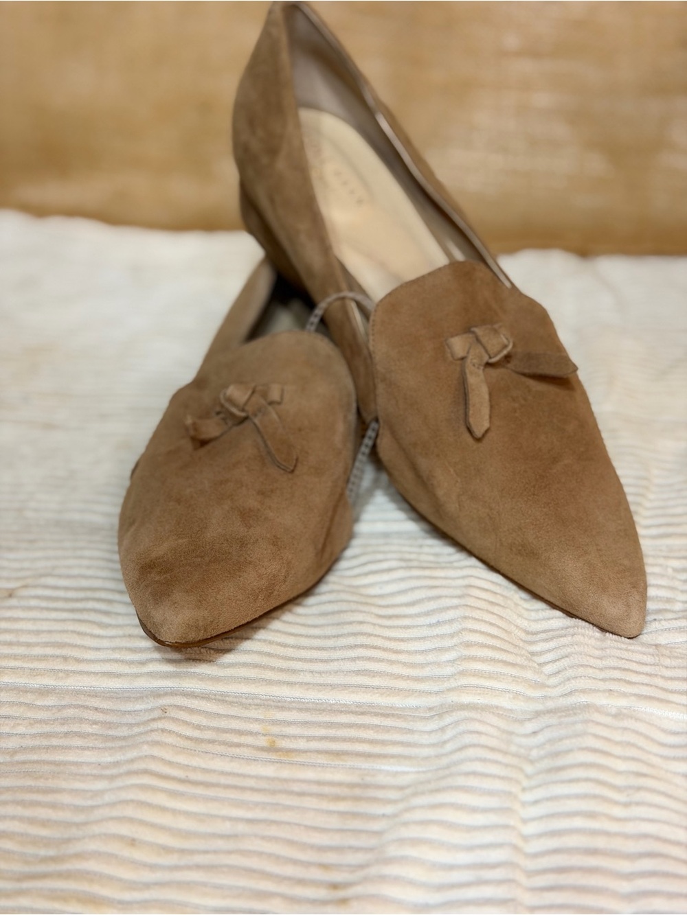 Cole Haan Tan Suede Pointed-Toe Loafers with Knot Detail